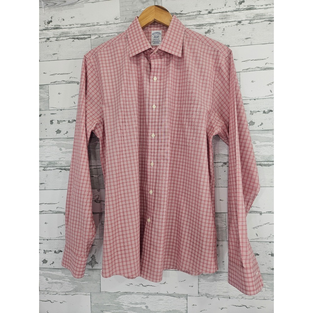 Brooks Brothers Red White Check Non-Iron Stretch Shirt Regular Fit 15.5 35 Mens